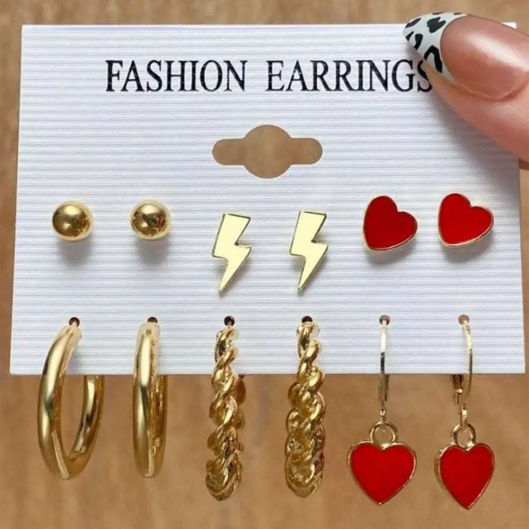 6 Pairs Of Red Charming Trendy Fashion Earrings Set For Girls and Women