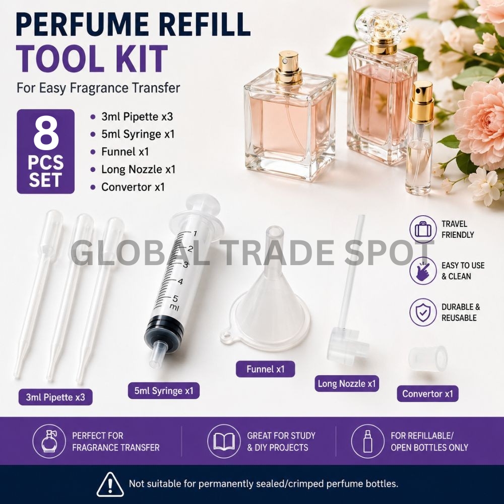 Perfume Refill Tools Kit with 5ml Syringe Extractor 3ml Pipette droppers Plastic Funnel Long Nozzle & Converter for Fragrance Transfer Travel DIY Study & Educational Use – For refillable/open bottles only (not crimped/sealed). Variations sold separately