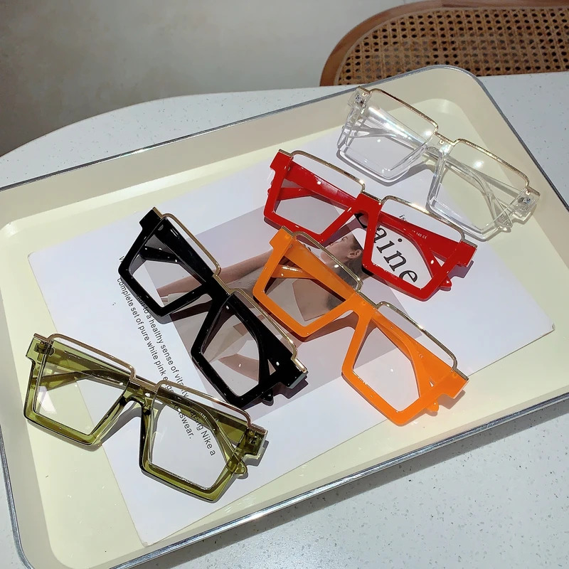 KAMMPT Oversized Square Glasses New Women Stylish Semi Metal Rim Eyeglasses Trendy Vintage Design Blue Light Blocking Eyewear