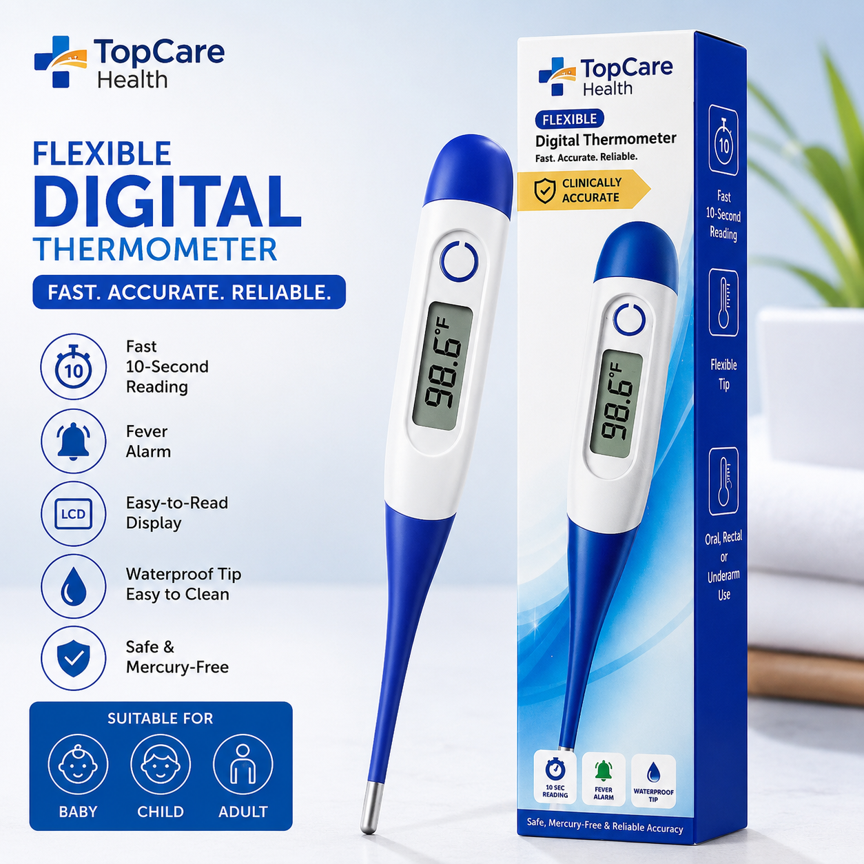 TopCare Flexible Digital Thermometer | Fast 10 Second Reading | Waterproof Tip | Fever Alarm | LCD Display | Oral, Underarm & Rectal Thermometer