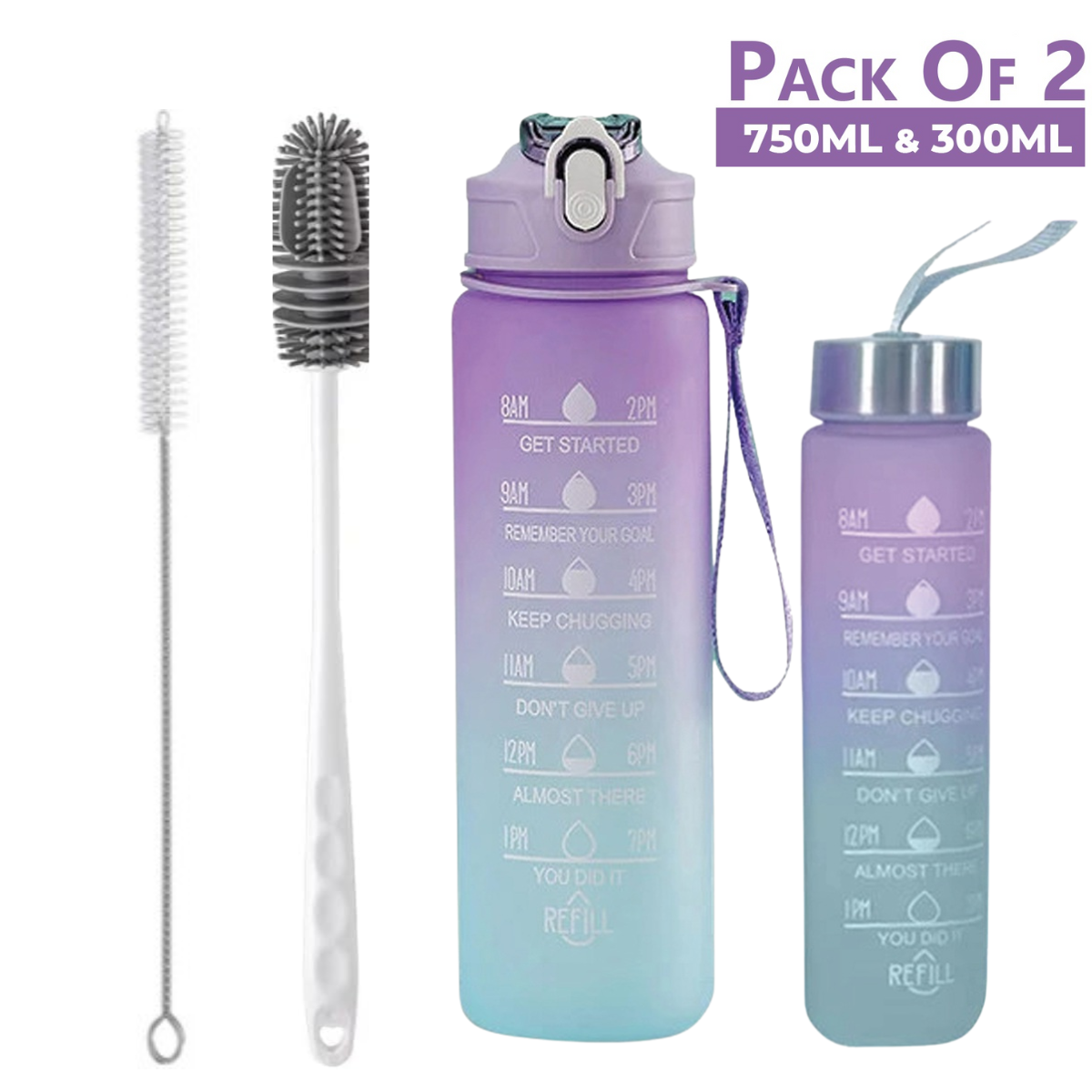 2pcs Motivational Water Bottle Set 750ml + 300ml with Straw, Bottle & Straw Cleaner, Gradient Color Portable Drinking Water Bottle for Girls, Women, Gym, Fitness, School, Outdoor Sports, BPA Free Plastic, Travel Handle Bottle