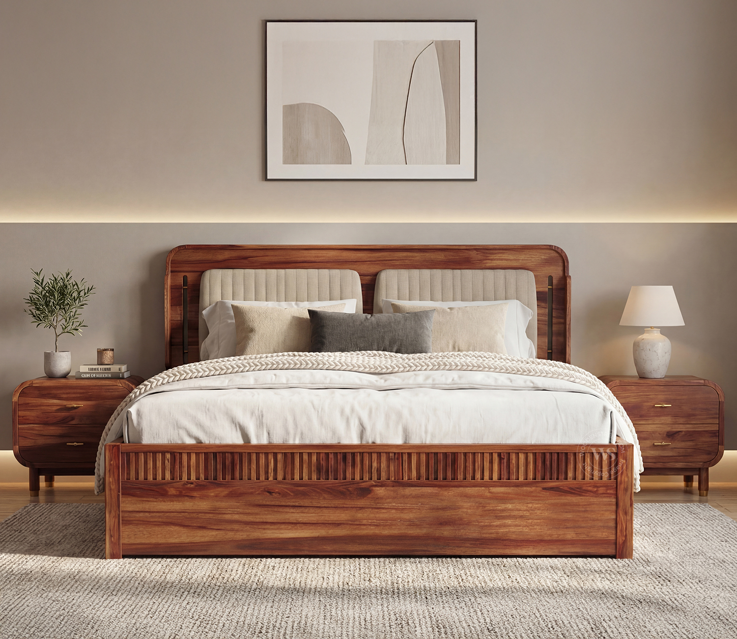 Lotus Premium Sheesham Wood Bed with Drawer Storage (King Size, Honey Finish)