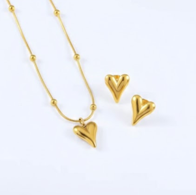 Premium gold color  Puffed Heart Jewelry Set for Women - Elegant Dainty Heart Pendant Necklace & Matching Stud Earrings - High-Quality Stainless Steel - Tarnish Resistant & Skin Friendly - Luxury Gift for Her