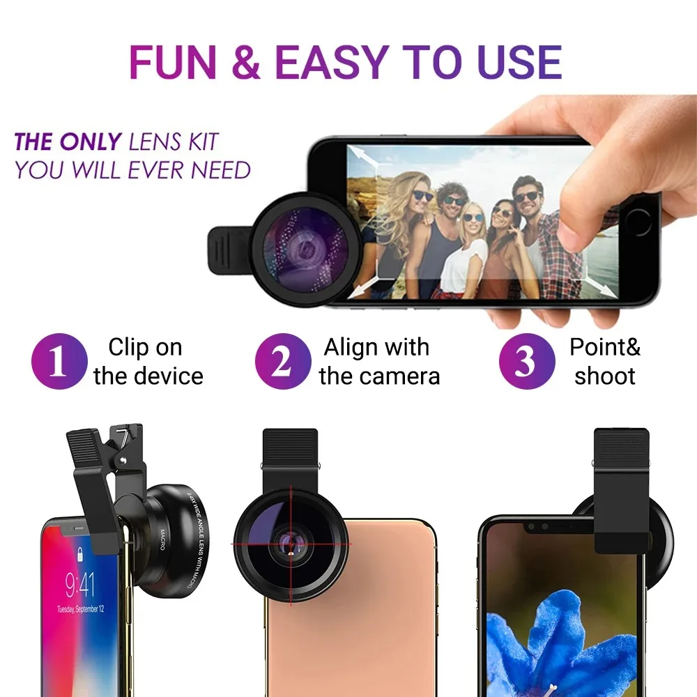 2 In 1 Clip-on Fish Eye Magnifiers Mobile Phone Lens Professional Mobile Phone Camera Lenses 15X Macro 0.45X Super Wide Angle