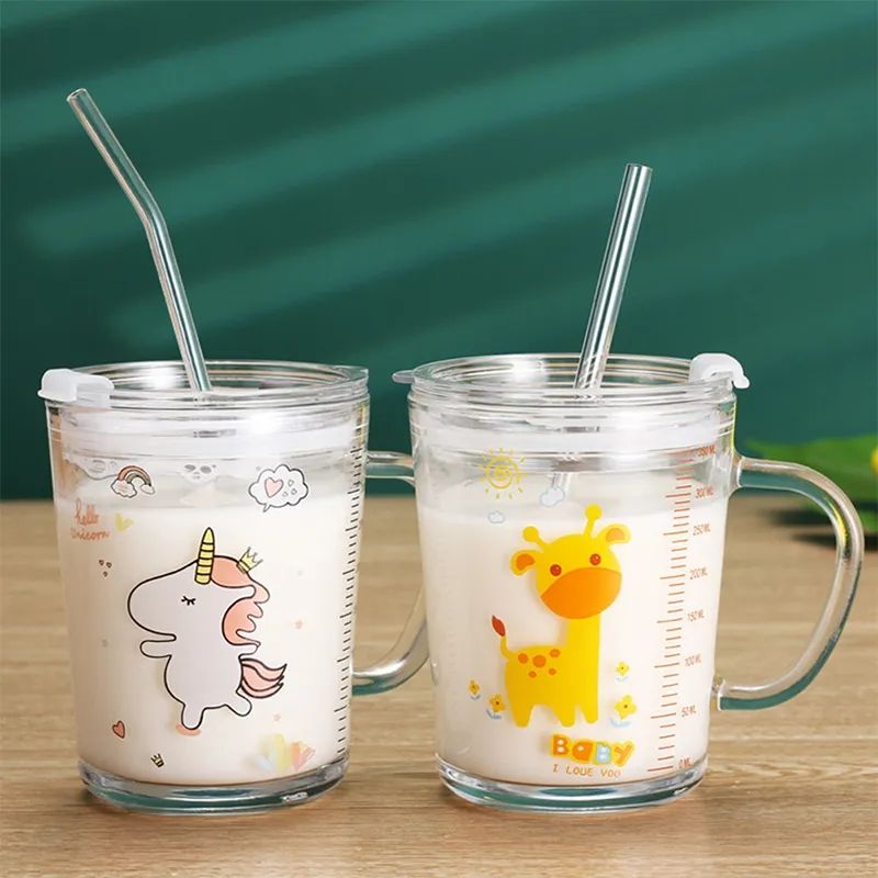 Milk Cups for Kids- Glass Mug with Straw and Lid Spill Proof Juice