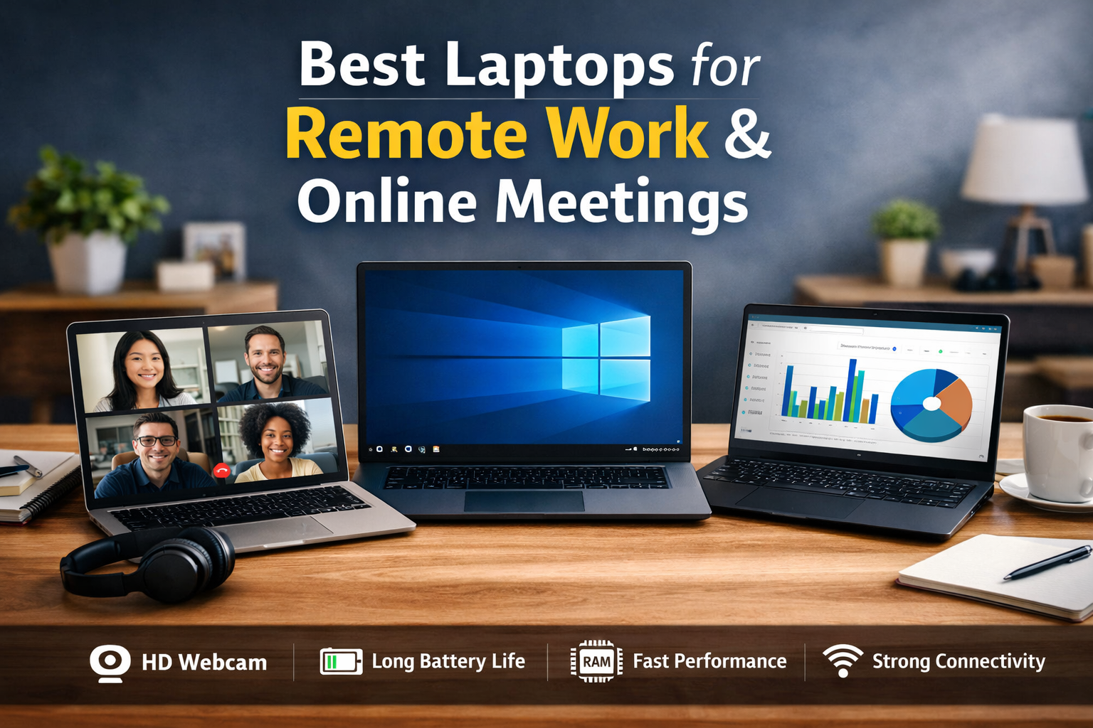 infographic showing features of remote work laptop including webcam battery performance display and connectivity