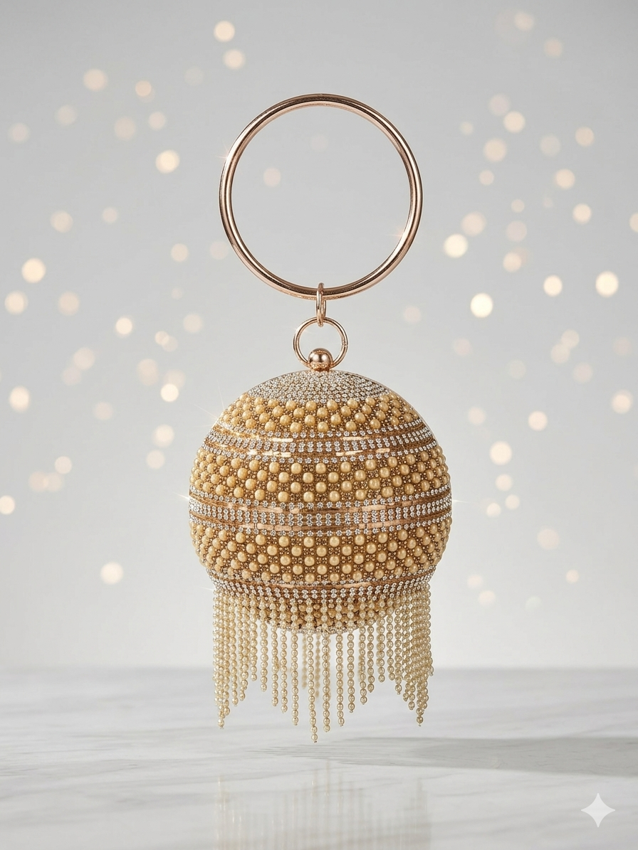 Golden & Crystal Ball Clutch Bag With Ring Handle | Rhinestone Tassel Evening Purse | Bridal Wedding Mehndi Party Hand Bag for Women