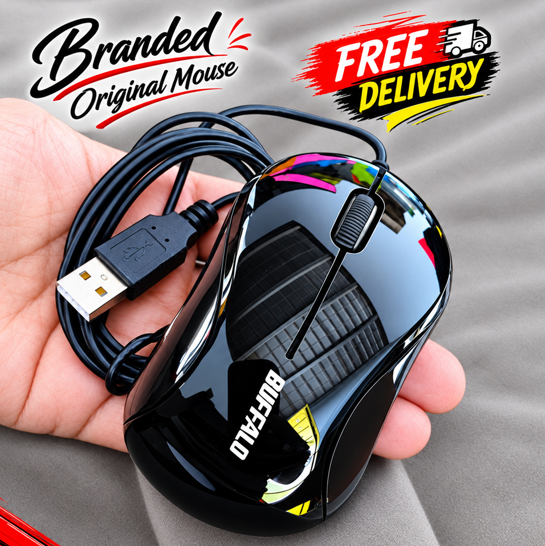Stylish USB Optical laser Mouse for Office and Home use. Long 2 meter wire