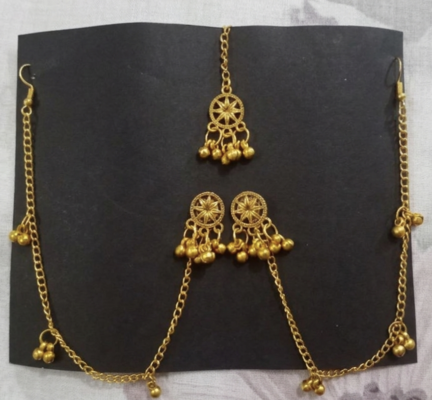 Kashmiri Earring - Earring with long chain sahara and matching mang tikka