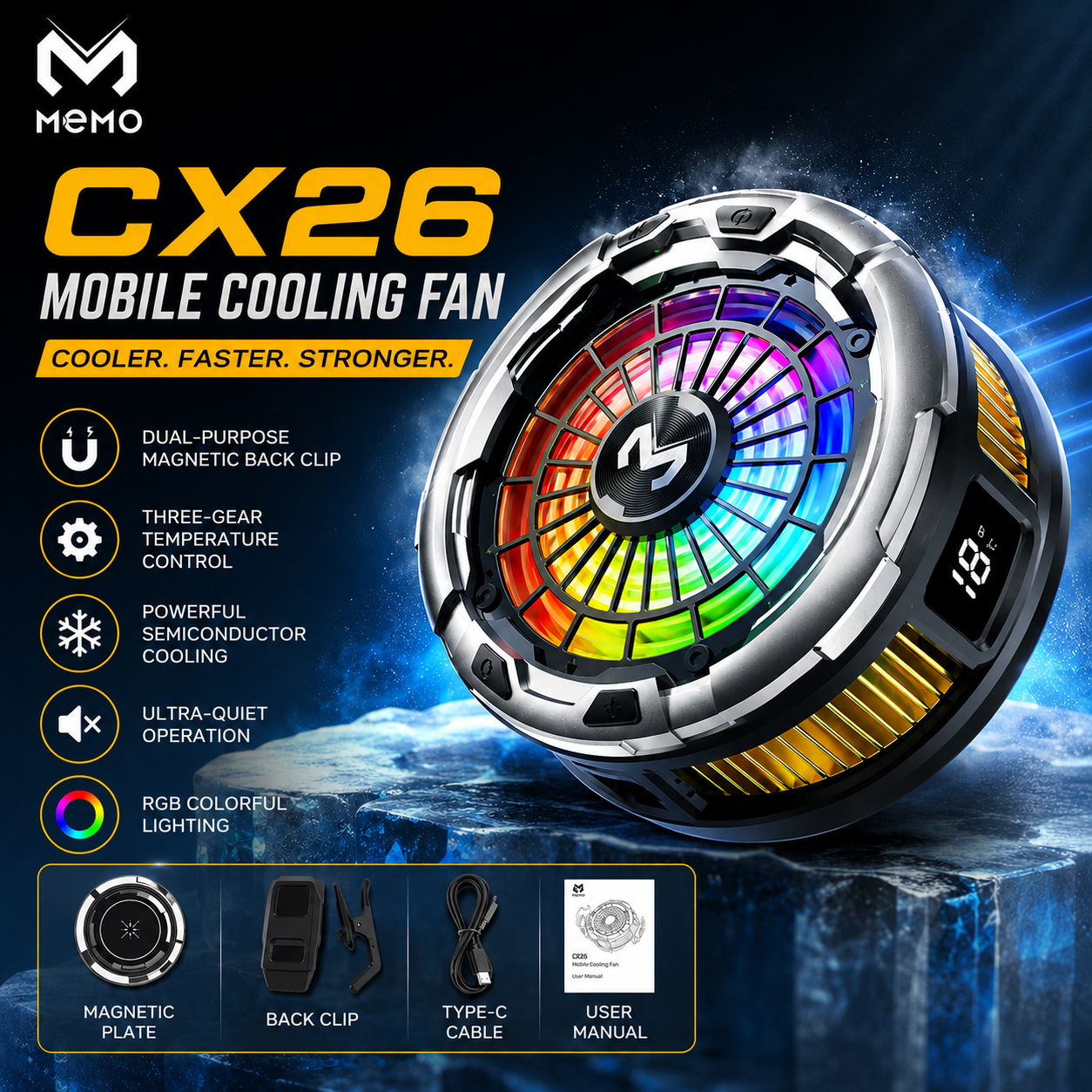 MEMO CX26 Mobile Phone Cooler 30W Super High Power - Semiconductor Gaming Cooling Fan for Android Universal Smartphones - RGB Radiator Heat Sink for PUBG, Free Fire