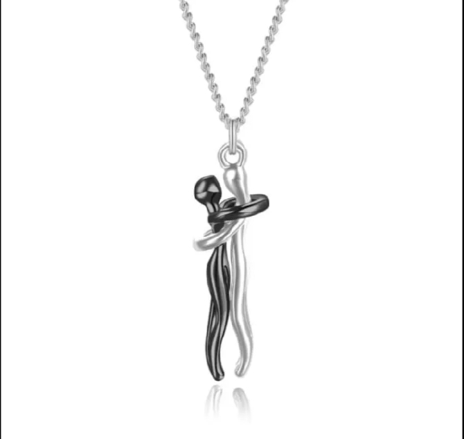 Love Hug Couple Necklace – Black & Silver Stainless Steel Pendant Chain for Men & Women | Romantic Matching Jewelry Gift