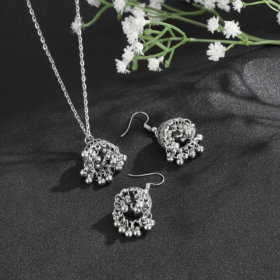 New Horizons Oxidized Jewelry Silver Jhumka Earrings Necklace Set Baho Style Earrings Women Jewelry Girls Jewelry Antique Oxidized Pendant Set Traditional Jewelry Party Jewelry Bridal Jewelry Ethnic Earrings Necklace Wedding Jewelry Gift