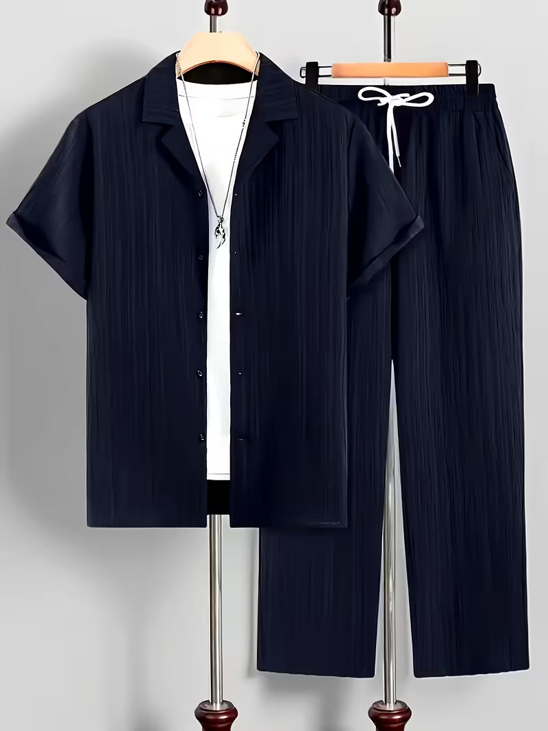 Deals Swag|Men Textured Co-Ord Set Short Sleeve Shirt and Trouser Summer Outfit Casual Two Piece Matching Set