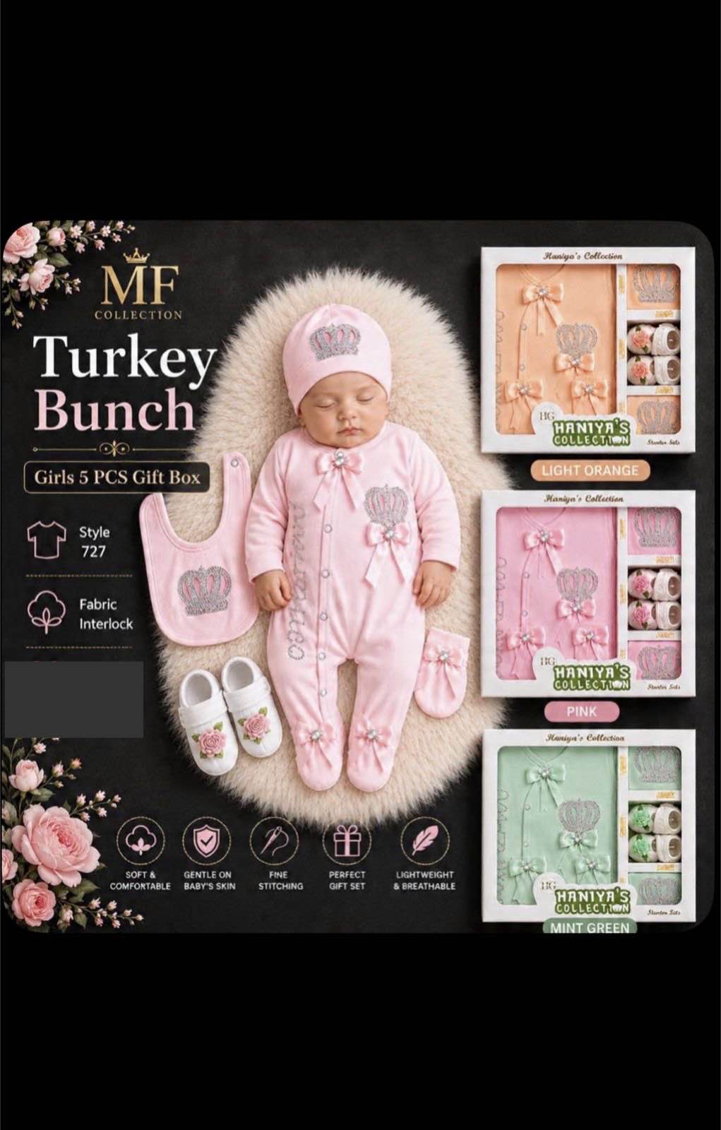 Turkish Romper Baby Born Newborn Infant Princess Stater Gift Box Set 5 Piece Romper Cap Bip Mittens Shoes Size 0-6 Months Fabric Summer Wear Turkish Style