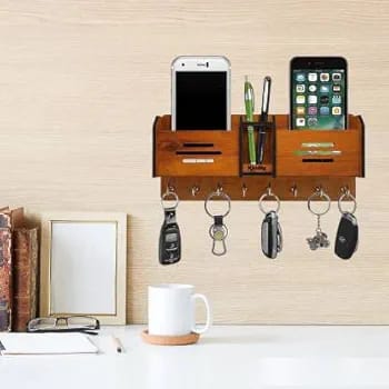 Multi-Function Wooden Key Rack Wall Organizer with Mobile Charging Stand