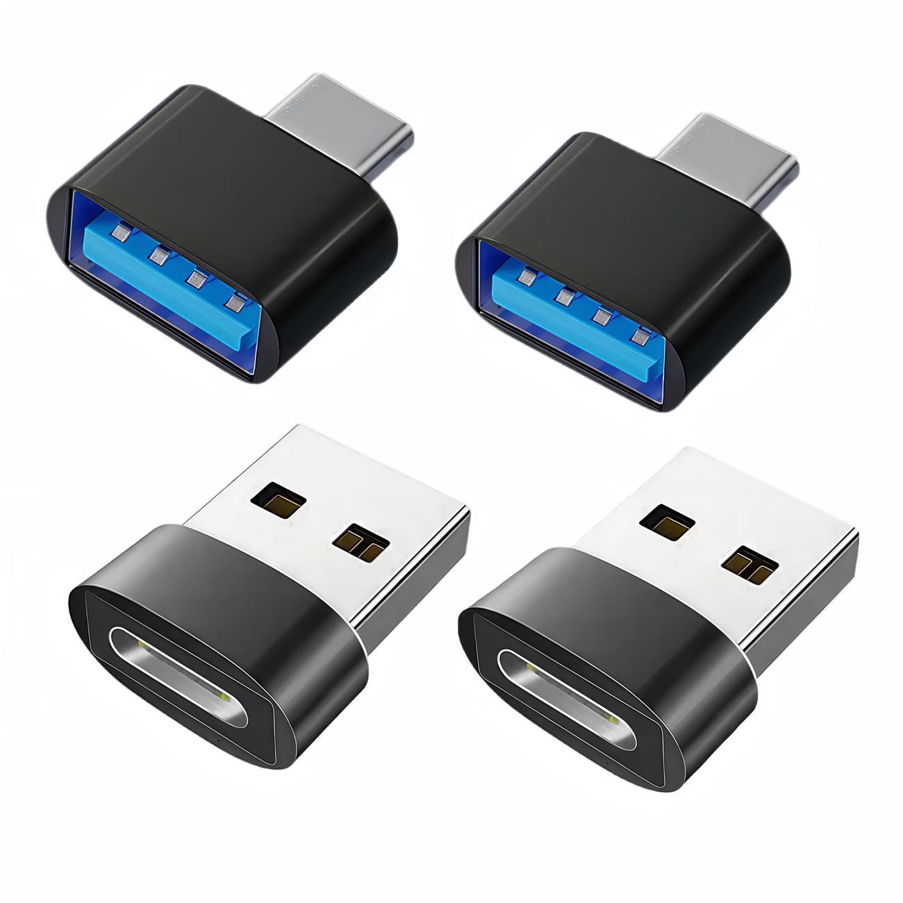 USB to USB C adapter set with C male to 2.0 female charging adapter; the C to USB adapter in the set uses an aluminum shell.4pcs
