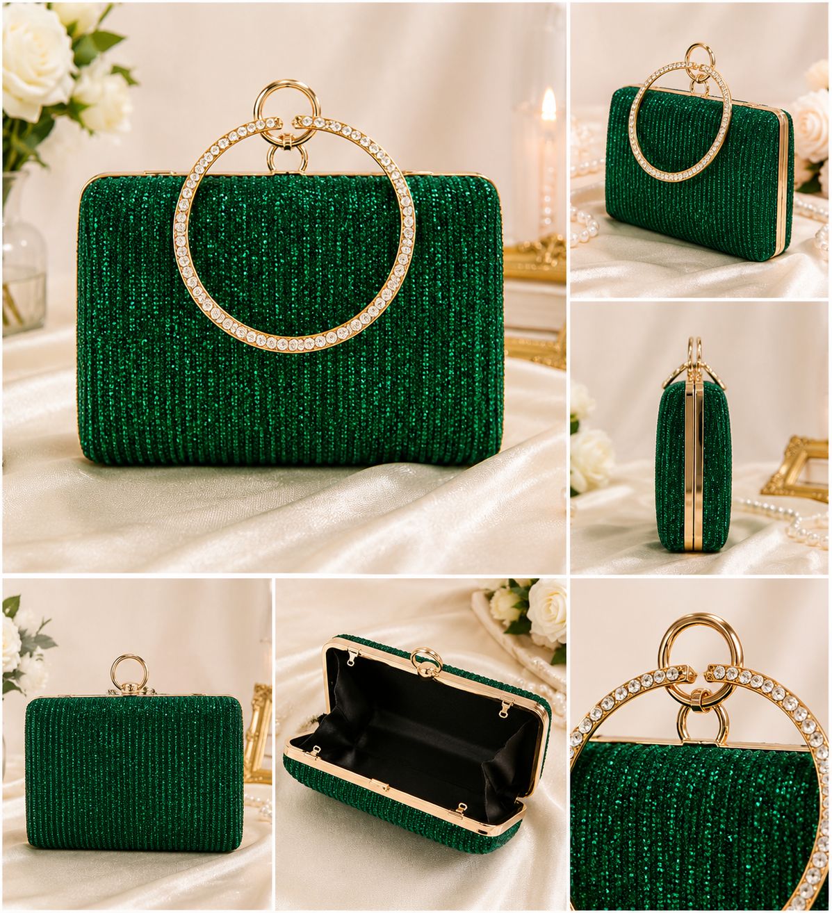 Emerald Green Sparkly Rhinestone Bridal Evening Clutch Bag | Crystal Top Handle Party Purse for Wedding | Rhinestone Evening Clutch Bag for Women|Ladies Bridal Wedding Party Purse | Crystal Top Handle Handbag |Elegant Glitter Cluth For Wedding