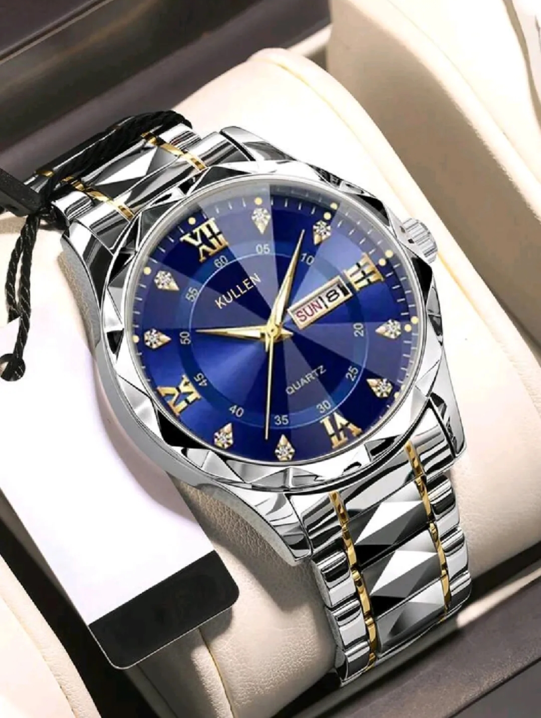 Men Luxury Quartz Watch Day Date Stainless Steel Chain  Wrist Watch for Men