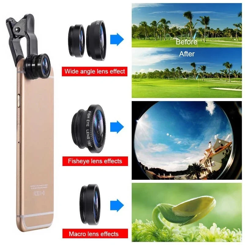 3in1 Fisheye Wide Angle Micro Camera Lens for iPhone  Redmi 3in1 Zoom Fish Eye Len on Smartphone Lenses with Phone Clip
