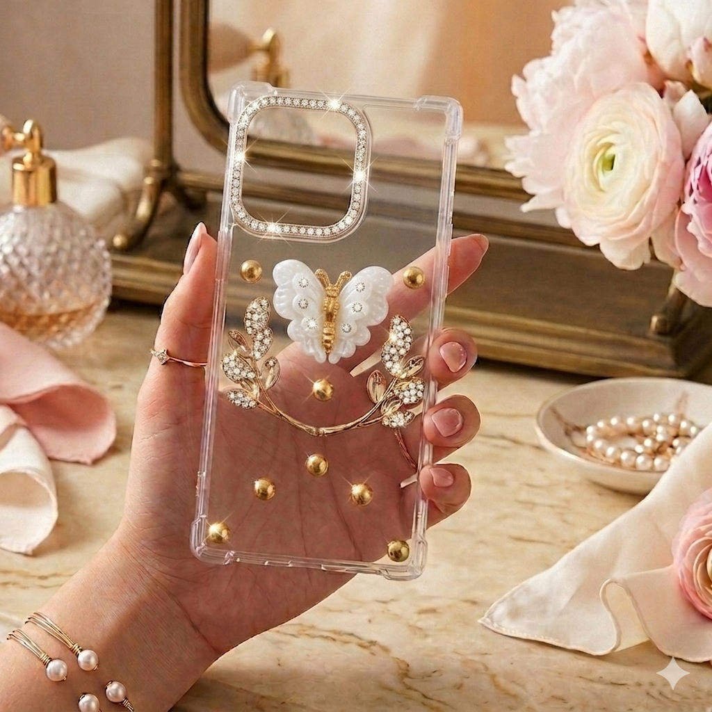Infinix Hot 40 Pro Cover for Girls - Ladies Fancy Back Cover  -   LeafWhiteButterFlyCZN - Stylish Fancy Girls Mobile Back Cover Pouch Case - Leaf Stones & Diamond White Butterfly - Infinix Hot40 Pro