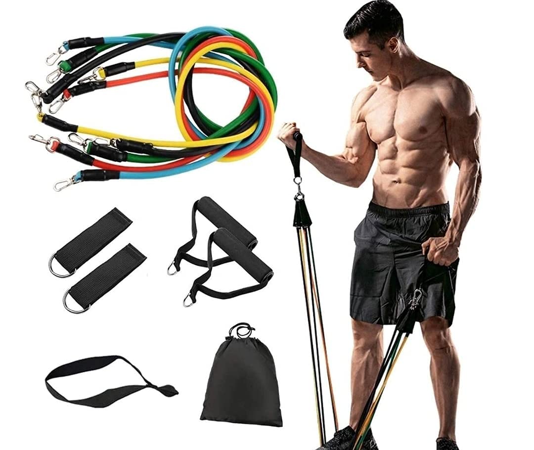 11 Piece Gym Power Resistance Band Set for Workout, Resistance Band for Exercise, Resistance Band for Pull ups, tricep, Rubber Resistance Band Tube with Door Anchor and Hook (No Color Choice) Random Color