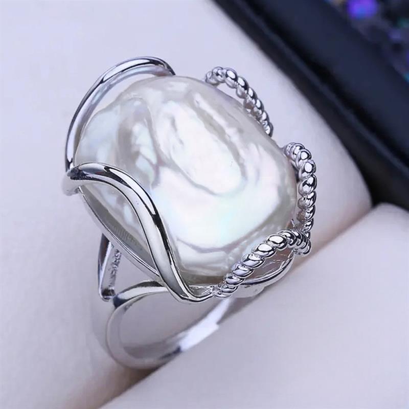 Huitan Octagon Imitation Pearl Ring for Women Silver Color Dainty Design Wedding Engagement Elegant Jewelry Trendy Accessories