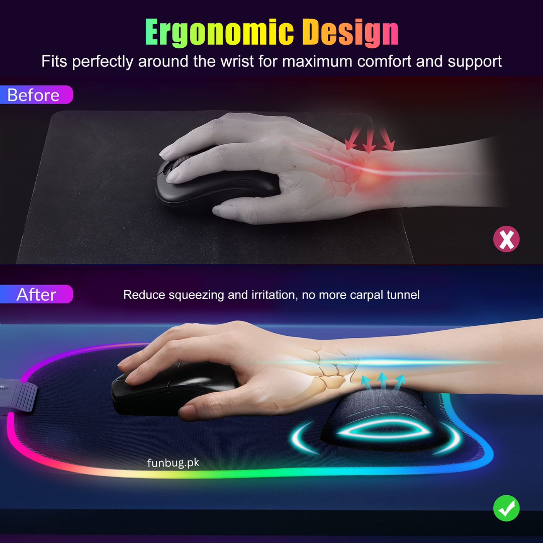 High-Quality XXL RGB Gaming Mouse Pad SMALL & Large Size with Gel Wrist Pad - Extended & Small Led Soft Cloth Mousepad Mat with Non-Slip Rubber Base & 14 Lighting Modes for Gamers, PC Computer, Laptop, Office - (800×300×4mm) - Black - FunBug