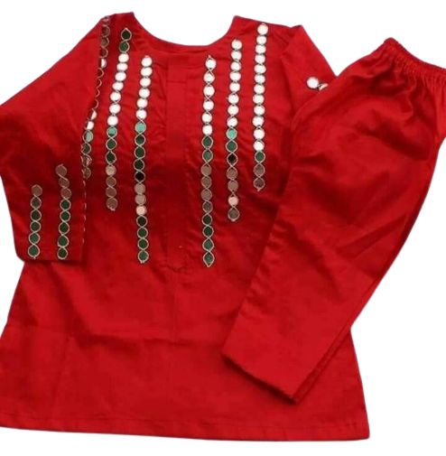 Girls' Cotton 2-Piece Suit | Mirror Work Kurta & Trouser