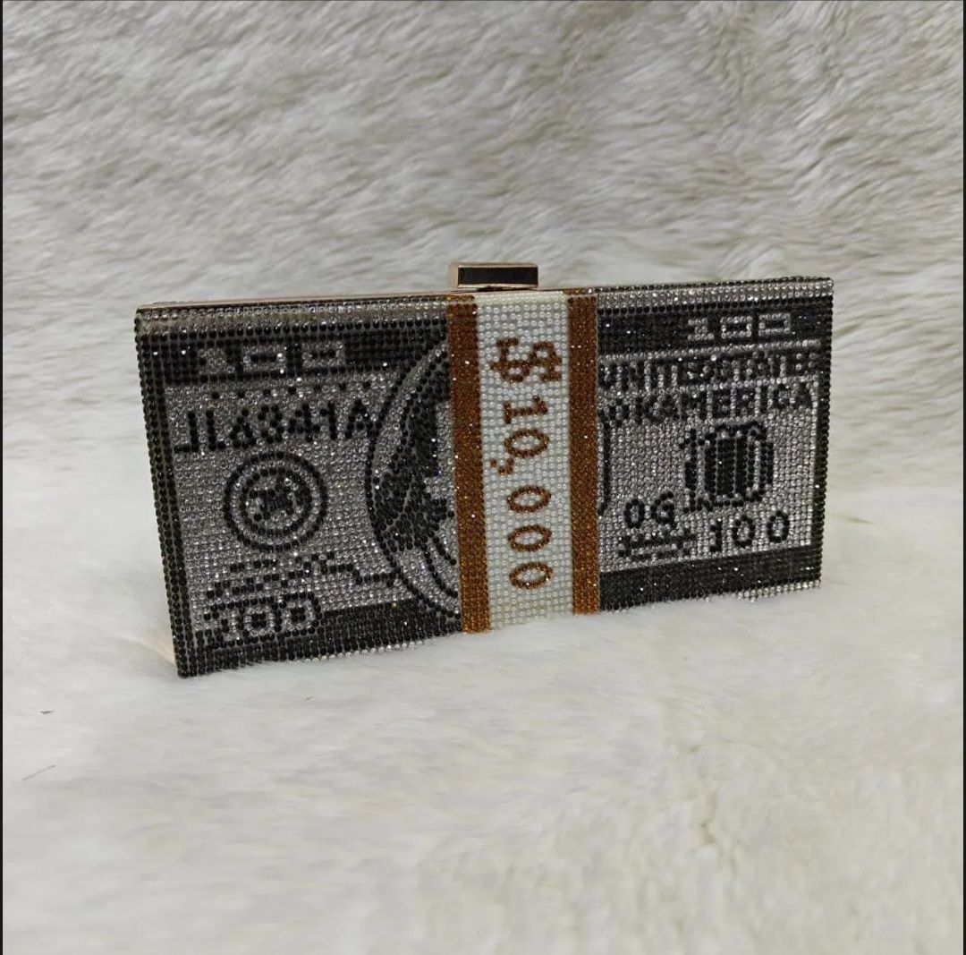 Dollar Style Clutch Purse For Women Rhinestone Evening  Hand Bag Elegant Money Bag