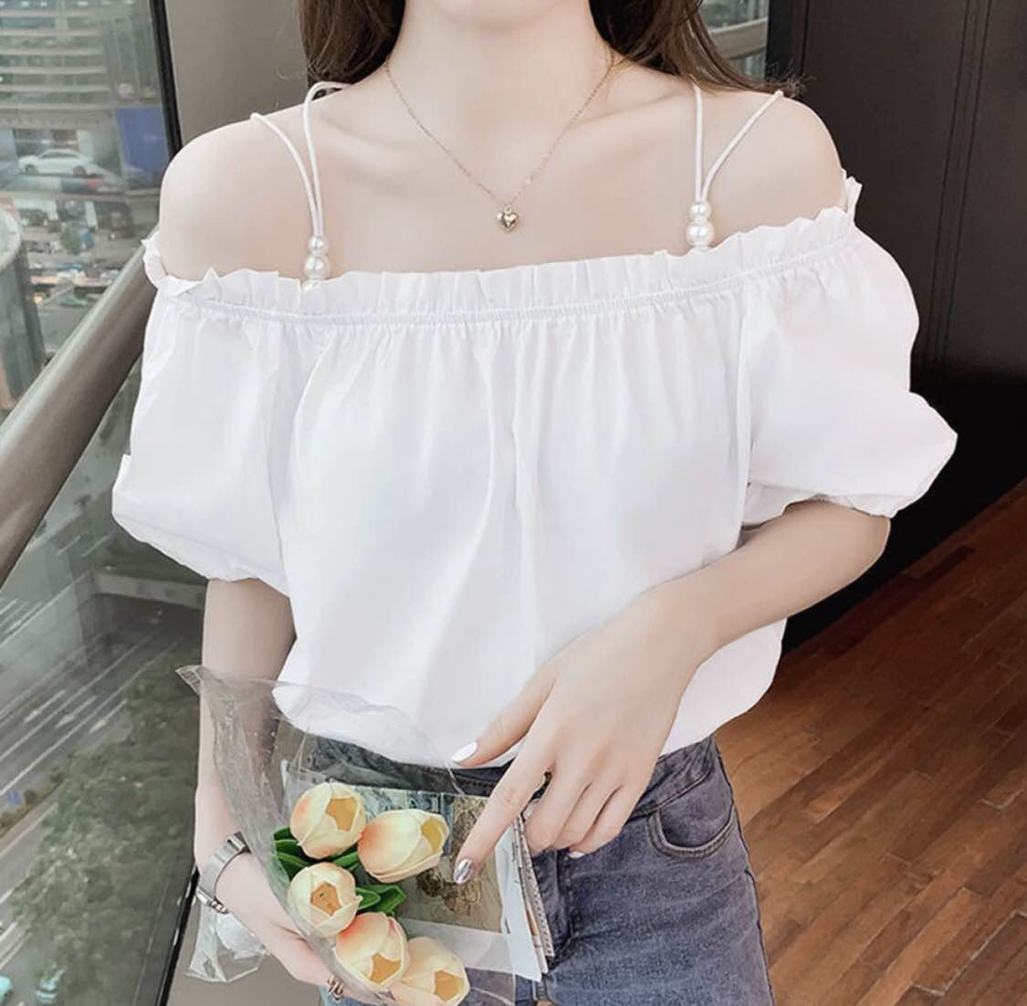 Women Shirt Cotton Off Shoulder Short Sleeves Tops For women Sweet Summer Floral Printing Shirts