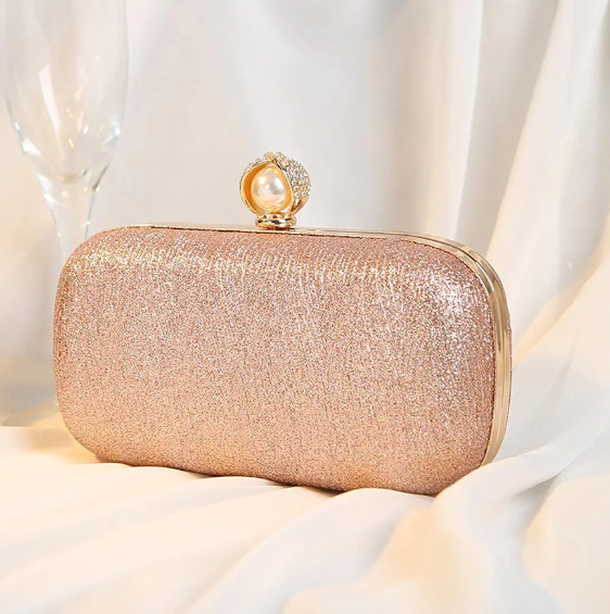 Elegant Pearl Clutch Bag for Women – Rose Gold Sparkle Box Purse for Party, Wedding, Evening Wear