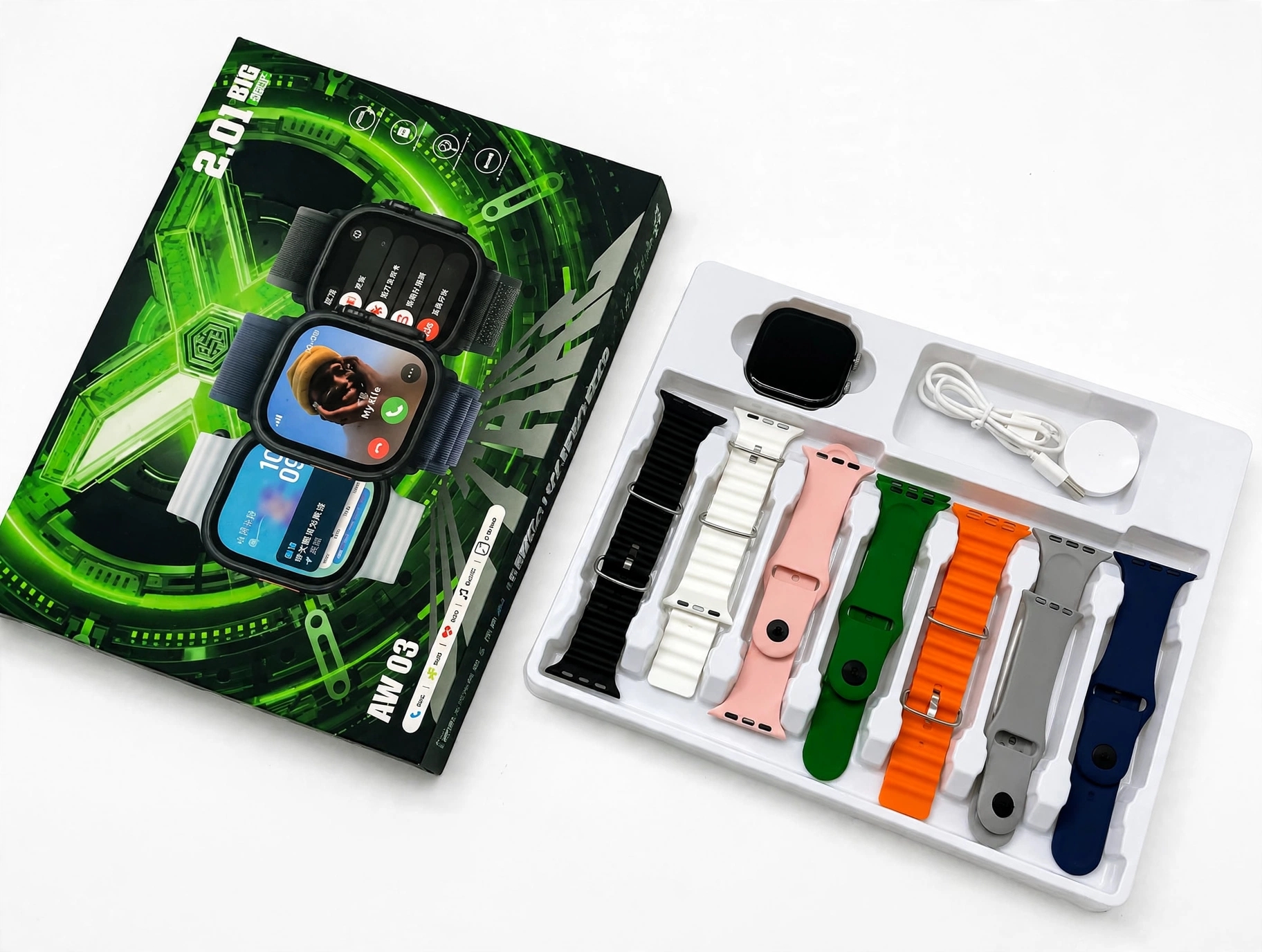AW03 Smart Watch 7 in 1 Straps 2.01 Big Display Wireless Charging + 7 Silicon Straps For Boys Girls