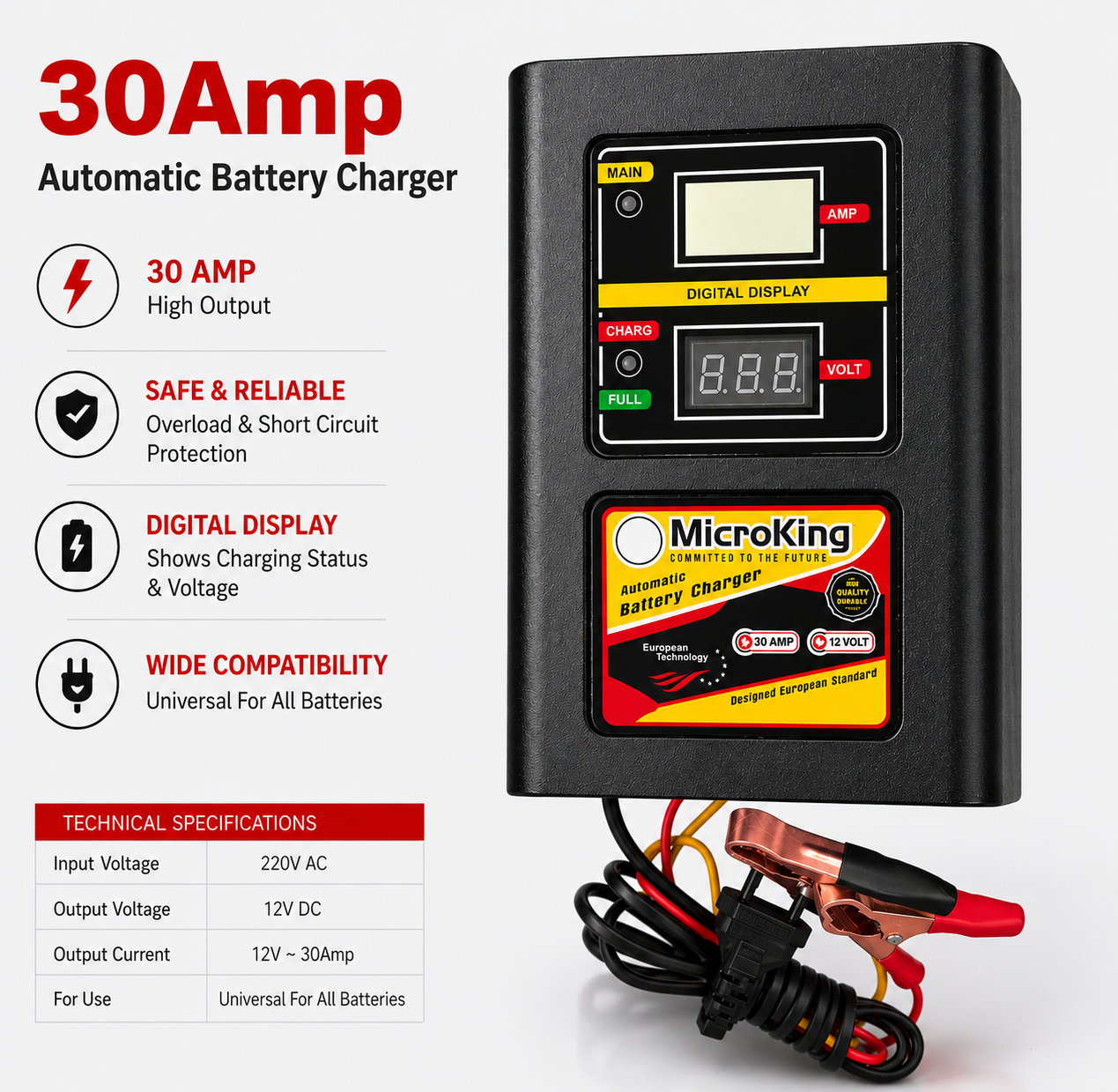Battery Charger 12V 30Amp for All Batteries Auto Cut Off