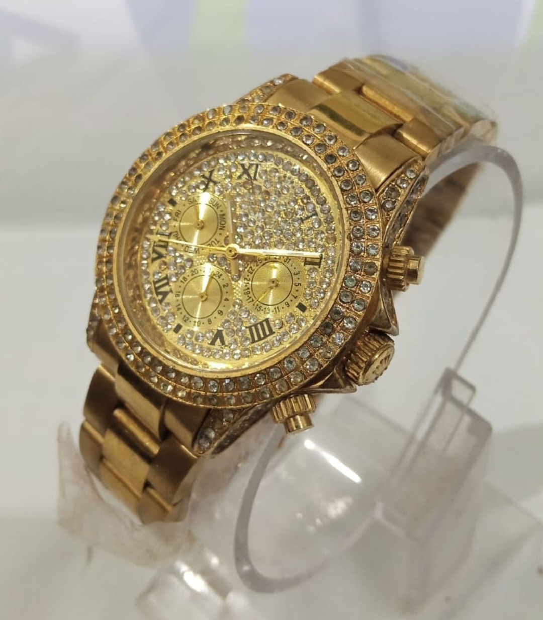 PACK OF 2 /TOP TRENDING  HIGH QUALITY LUXURY STONE WATCH WATCH DEAL-TOP FASHION GOLDEN ROUND WITH WHITE ZIRCONIA CROWN WATCH+STAINLESS STEEL CUBAN LINK HEAVY BRACLATE FOR MEN- BEST GIFT FOR WEDDING ENGAGEMENT CASUAL  WATCH DEAL FOR MEN