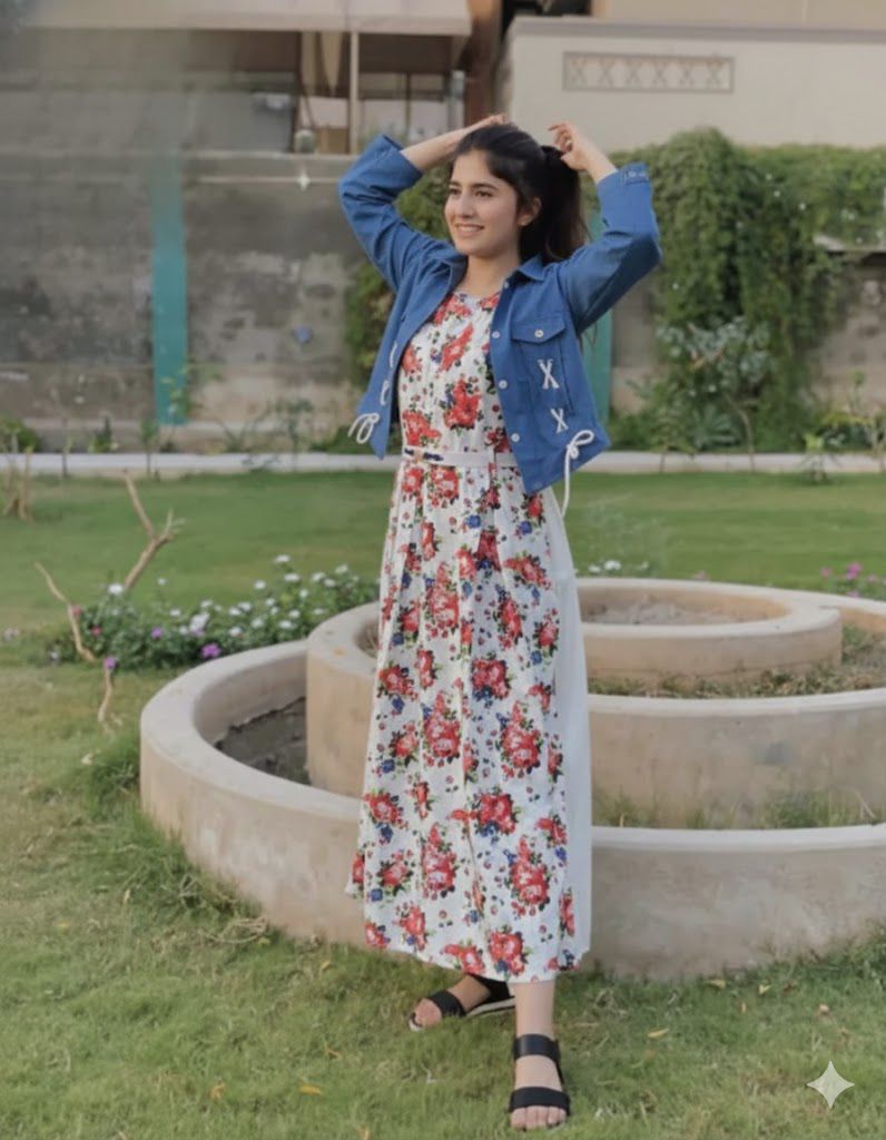 Jacket Style Maxi. Long Maxi with Jacket. Digital Printed Long Flare SleeveLess Belt Attached Maxi With Cotton Koti 2Pcs