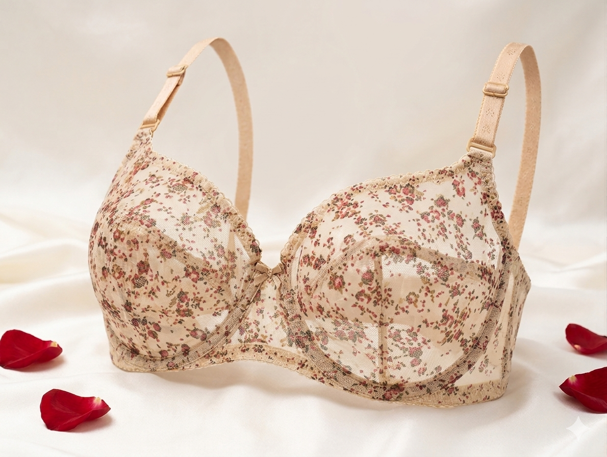 Cotton Net Bra - Full Support 3-Hook Printed Floral Bra, Lightweight & Breathable Lingerie