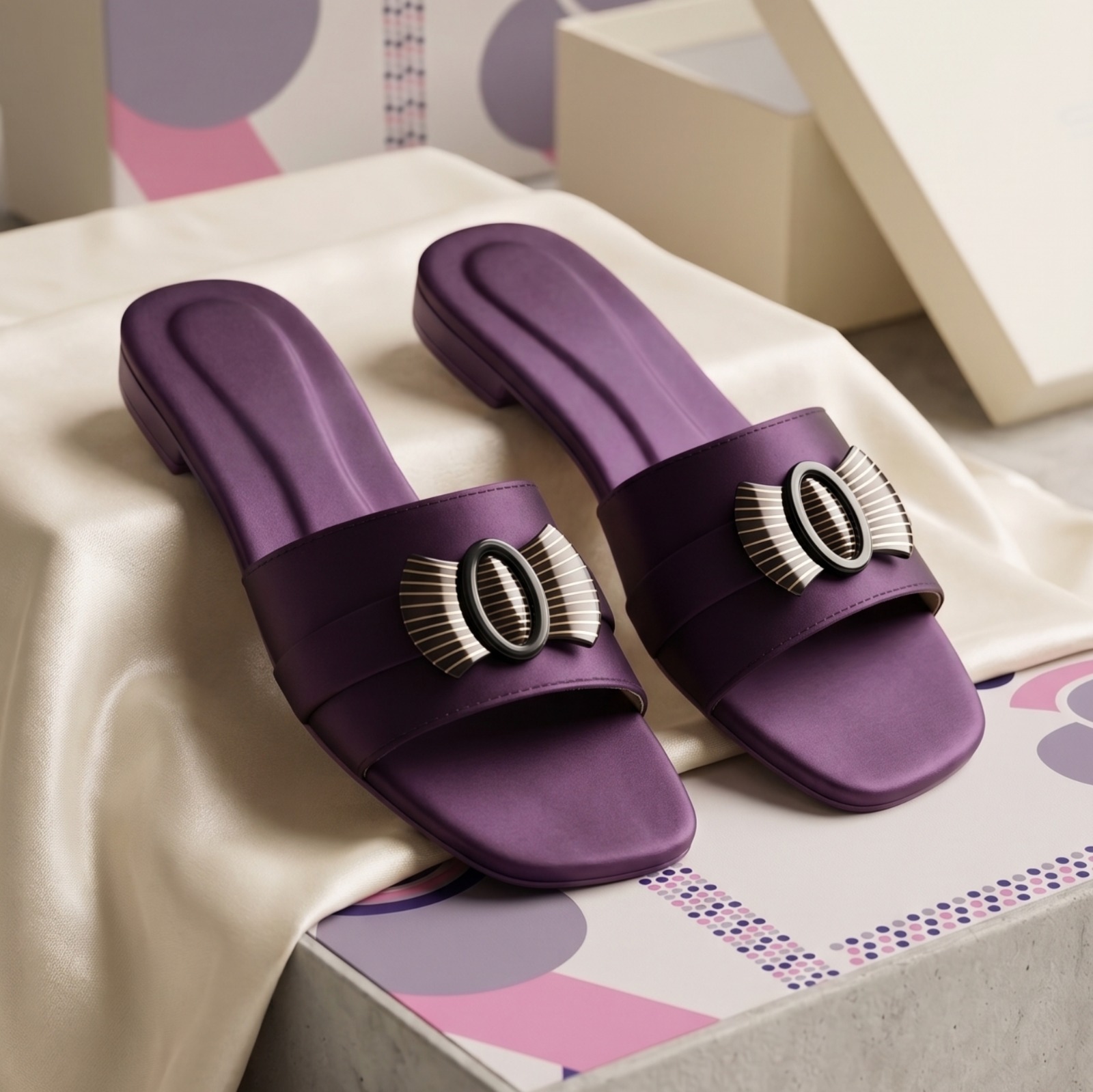 Flat Shoes Elegant Stain Slides With Striped Gold Acent