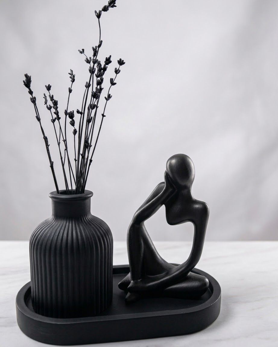 Set of 3 Home Decor Showpiece – Thinker Statue + Mini Vase + Oval Tray | Cement & Gypsum | Gift for Home, Office
