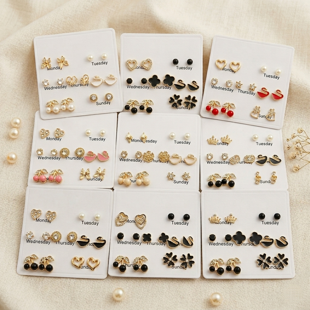 7 Pairs/set Stud Earrings Set with Card Crystal Earrings For Women Fashion Party Jewelry by Gleam&Grace