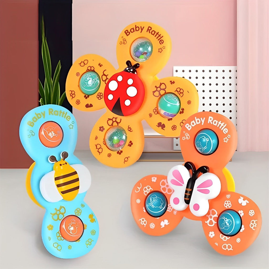 3PCS Suction Cup Spinner Toys for 1 Year Old Boy Girl|Spinning Tops Bath Toys for Kids Ages 1-3|Sensory Toys for Baby 6 12 18 Months Boy Birthday GiftRotating Suction Rattle Toy for babies