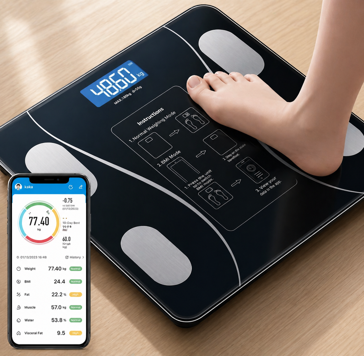 Electronic Bluetooth Weight Machine 180 Kgs Max  Digital Weight Machine Weighing Scale with Bluetooth Body Fat for Human Body Weight Smart LED Scales Weight, Bathroom Scales Electronic for Household, Personal Scale