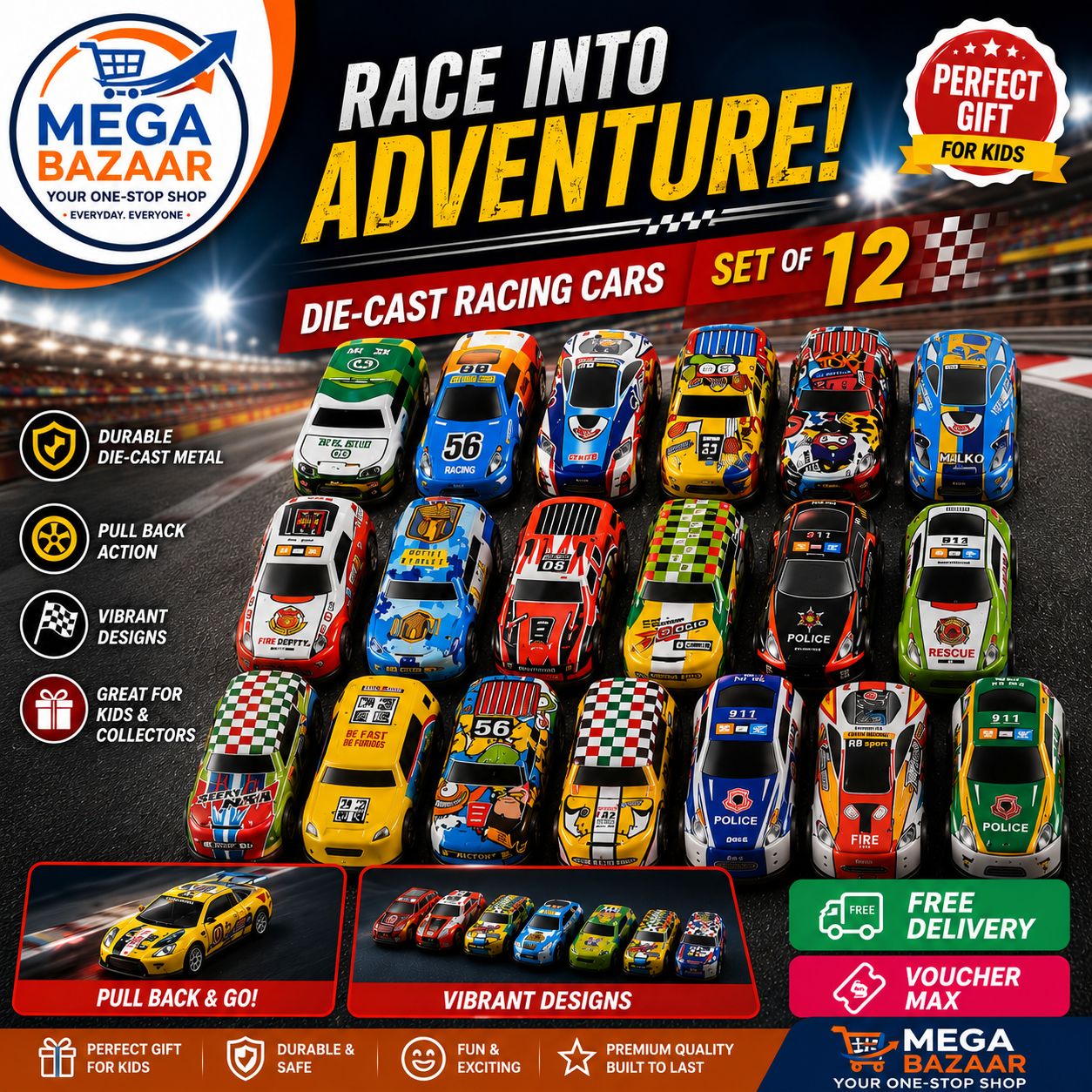 24 Pack Mini Diecast Metal Sports Car Model Toy Collection - Friction Powered Pull Back Racing Vehicles Set with Storage Organizer Box - Kids Gift Playset