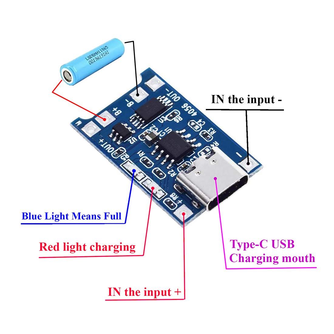 TP4056 Type-C / Micro-USB 5V 1A 18650 Lithium Battery Charger Module Li-ion Charging Board with Dual Protection Functions