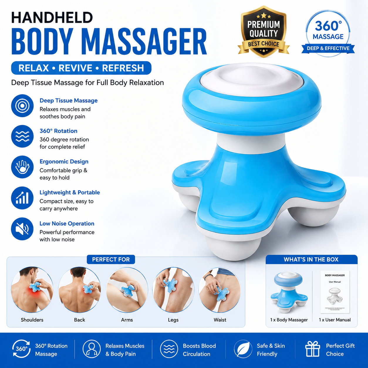 Mini Handheld Massager | Portable Electric Vibrating Body Massager with LED Light | Battery Operated Massage Device for Head, Neck, Back, Arms, Hands & Legs