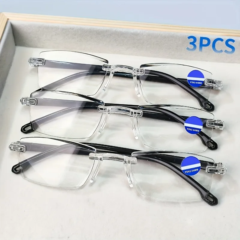 MJYIWANG 3-Piece Set of Men's and Women's Presbyopia Glasses - Stylish Frameless Rectangular Frame, Prescription +1.0 to +4.0