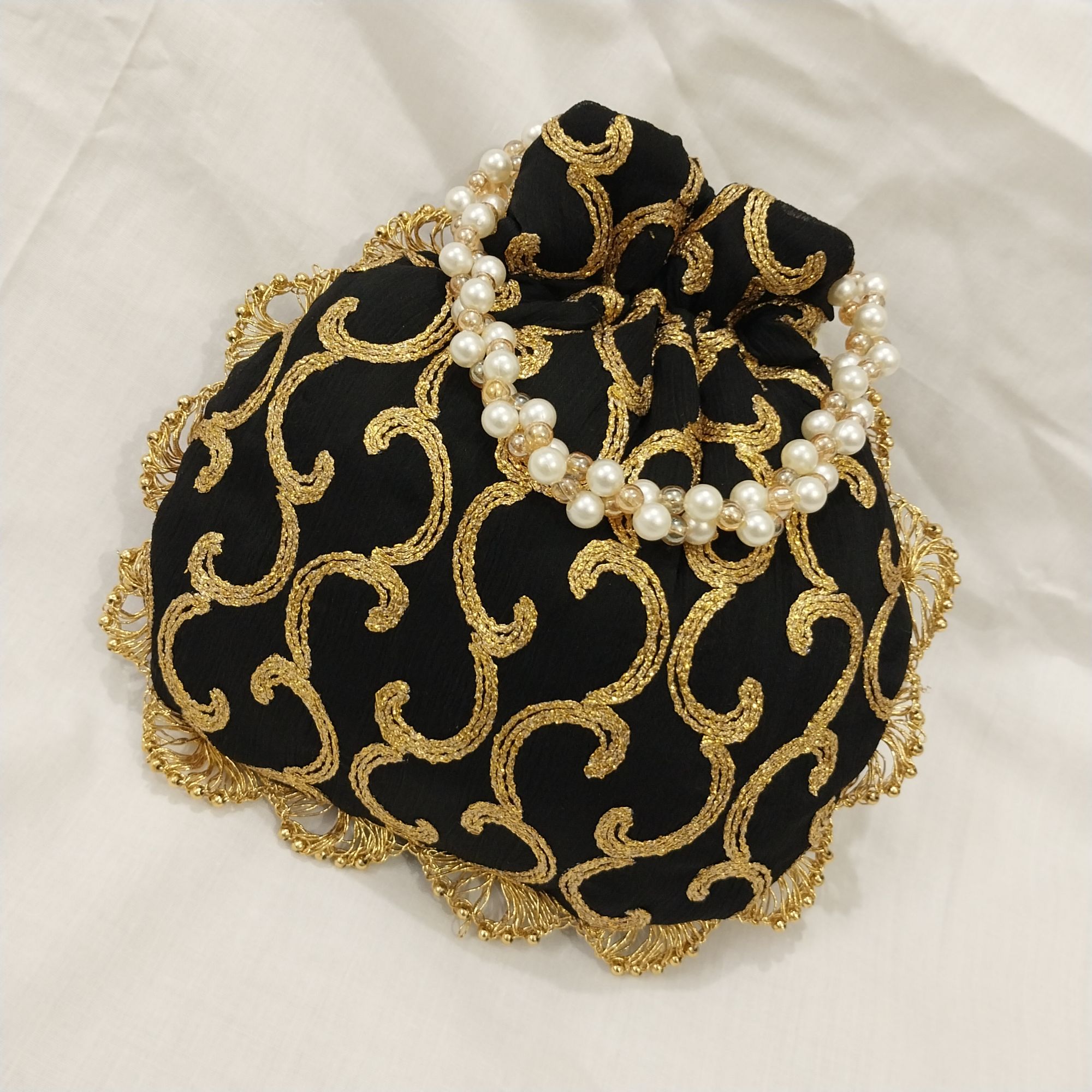 Embroidered Potli Clutch Bag with Pearl Handle for Party Wear