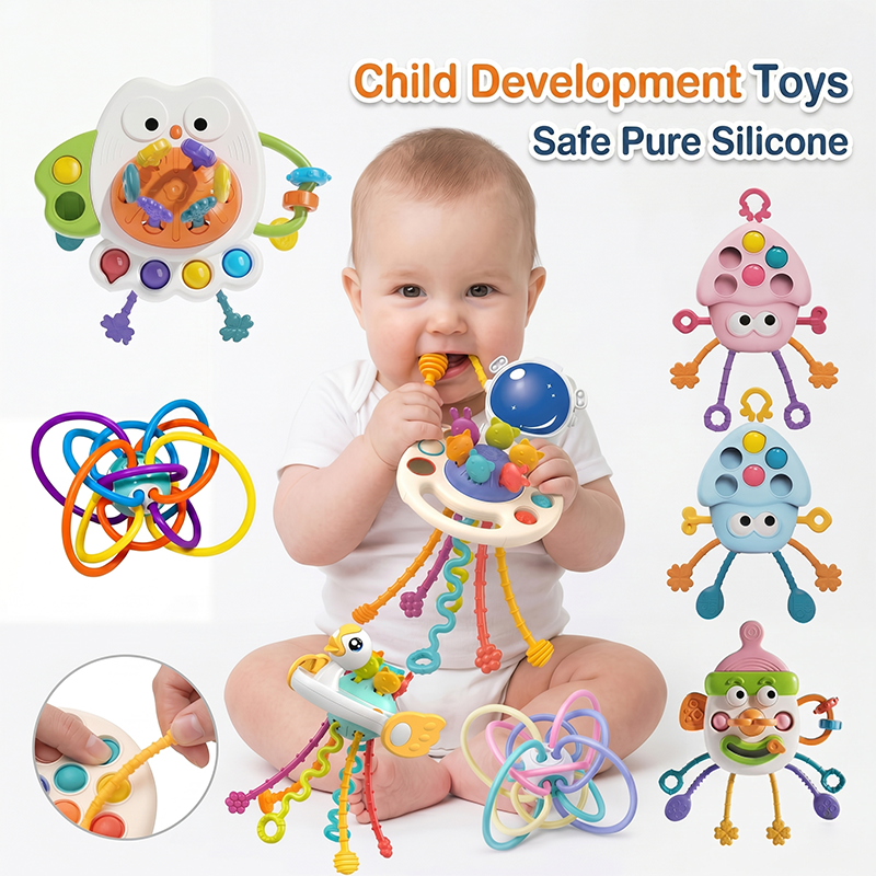 Montessori Pull String Sensory Toy Baby Silicone Teething Early Education Fidget Activity Grasp Travel Toys For Toddler 0-18M