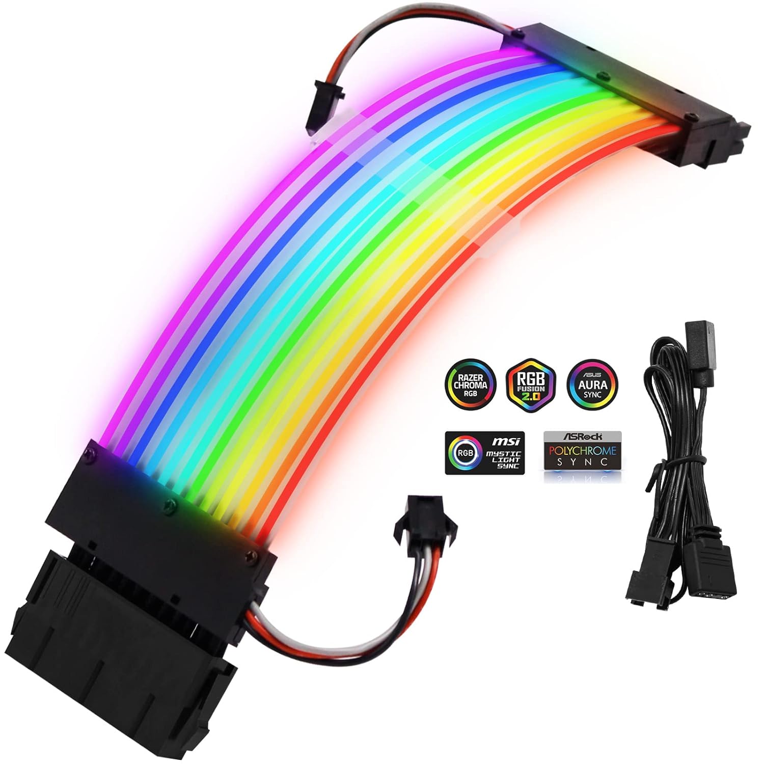 24Pin Strimmer Cable, RGB Cable Extension Cable - PcCooler Power Supply Sleeved Cable, Customization 24 Pin Atx Rgb Cable Extension Kit 16Awg, 5V 3Pin Synchronized Psu Cable For Rgb Software From All Major Motherboard - [Upgraded Version]