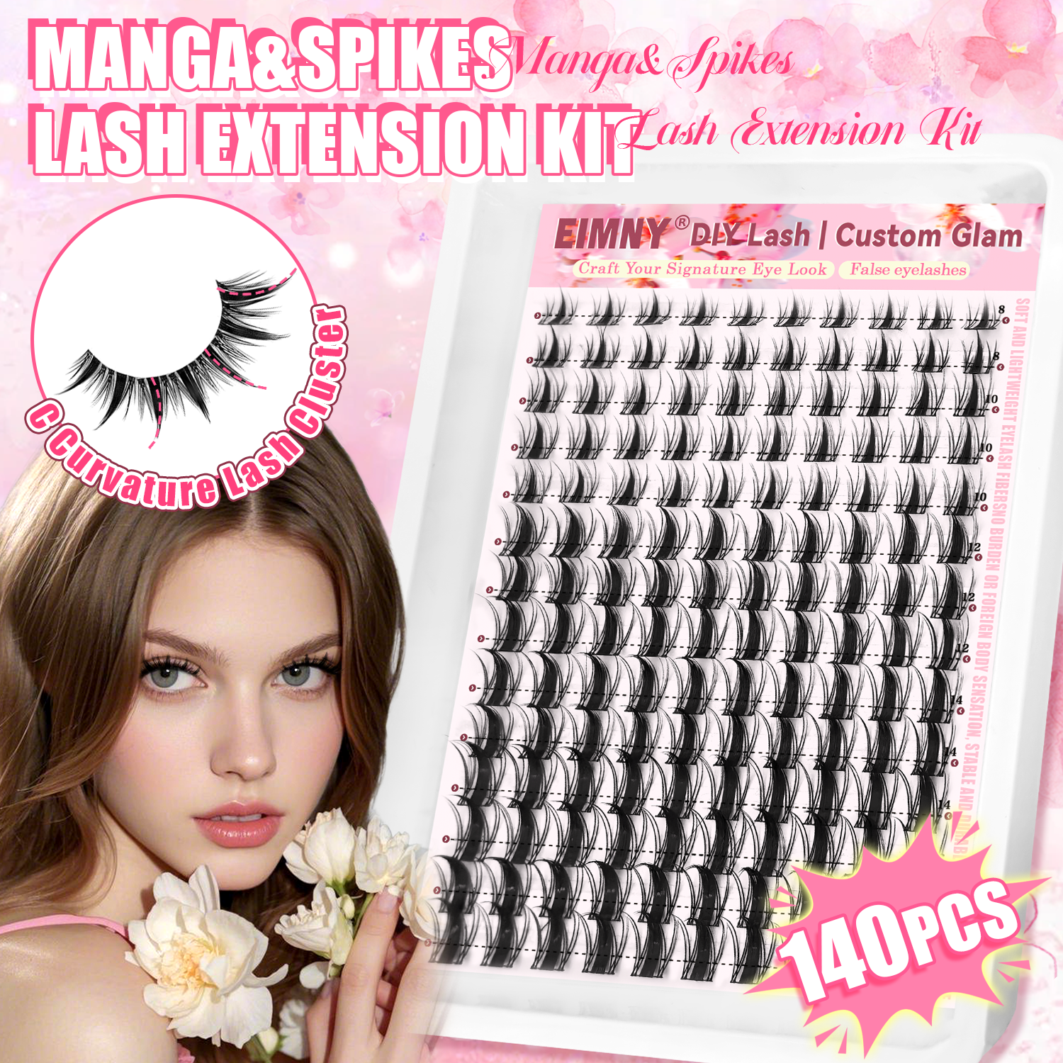 Fairy Eyelash Clusters Kit, Natural Look Manga Lash Extension, C Curl Wet-Look Spiky Anime Lashes, 8-16mm Length Wispy DIY Lash