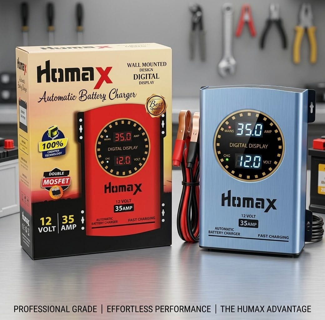 Homax 12V 35A Automatic Battery Charger With Smart Digital Display,  Fast Charger with NEW MOSFET & 100% Copper Technology Suitable for Car, Bike, UPS Lead-Acid Batteries, 35 Amp 12V Faster Series